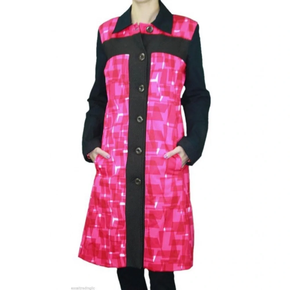Custo Barcelona 10 Bright Pink Mod Geo Printed Pea Coat Jacket Wool Trim - Picture 3 of 6